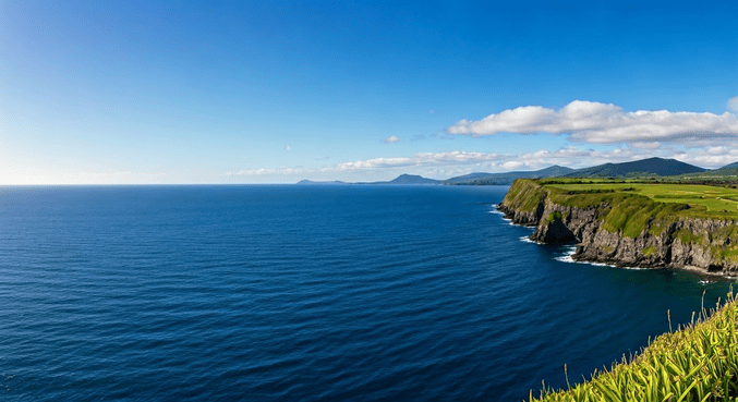 alt_text: Samolot przelatujący nad zielonymi wzgórzami i błękitnym oceanem Wysp Azorskich latem.