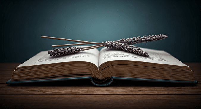 alt_text: Spokojny pejzaż górski z lasem, otwarta książka i kubek kawy w ciepłym świetle słonecznym.