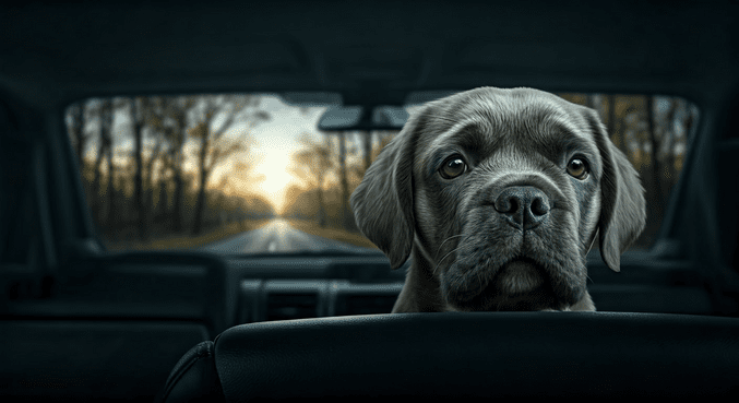 alt_text: Pies podróżujący bezpiecznie w samochodzie, używając transportera i pasów, na tle natury.