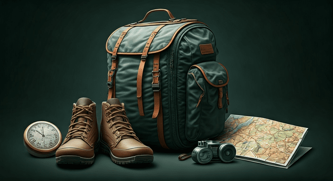 alt_text: Grafika przedstawiająca sprzęt trekkingowy na tle gór, inspirująca do wędrówek i eksploracji.