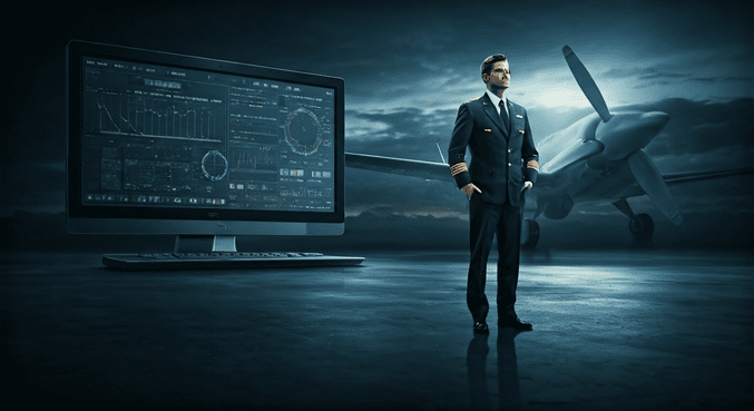 alt_text: Piloci w starym i nowoczesnym mundurze przy samolotach, kalkulator i dokumenty na stole.