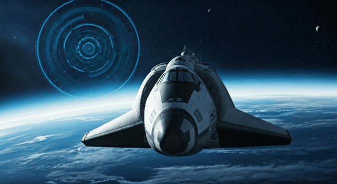 alt_text: Statków kosmiczny w przestrzeni z Marsa w tle, futurystyczna grafika i atmosfera podróży.