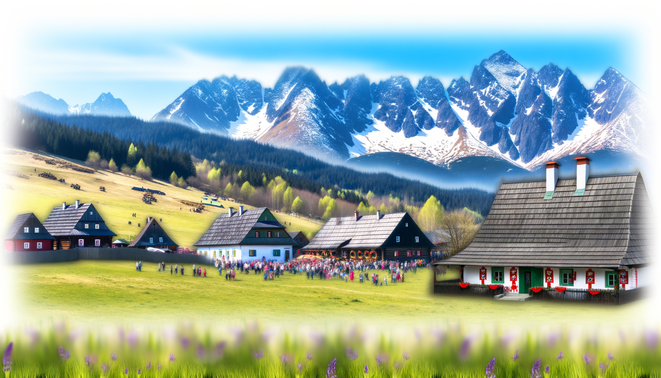 alt_text: Malownicze Tatry w wiosennej scenerii, góralskie domy i radośni ludzie na majówce.