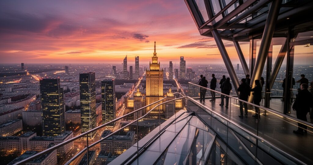 Taras widokowy Varso Tower o zachodzie słońca – panorama Warszawy z Pałacem Kultury i Nauki w tle