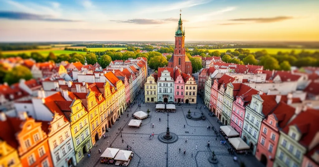Panoramiczny widok z lotu ptaka na polskie stare miasto z kolorowymi zabytkowym budynkami, brukowanymi uliczkami, rynkiem i w