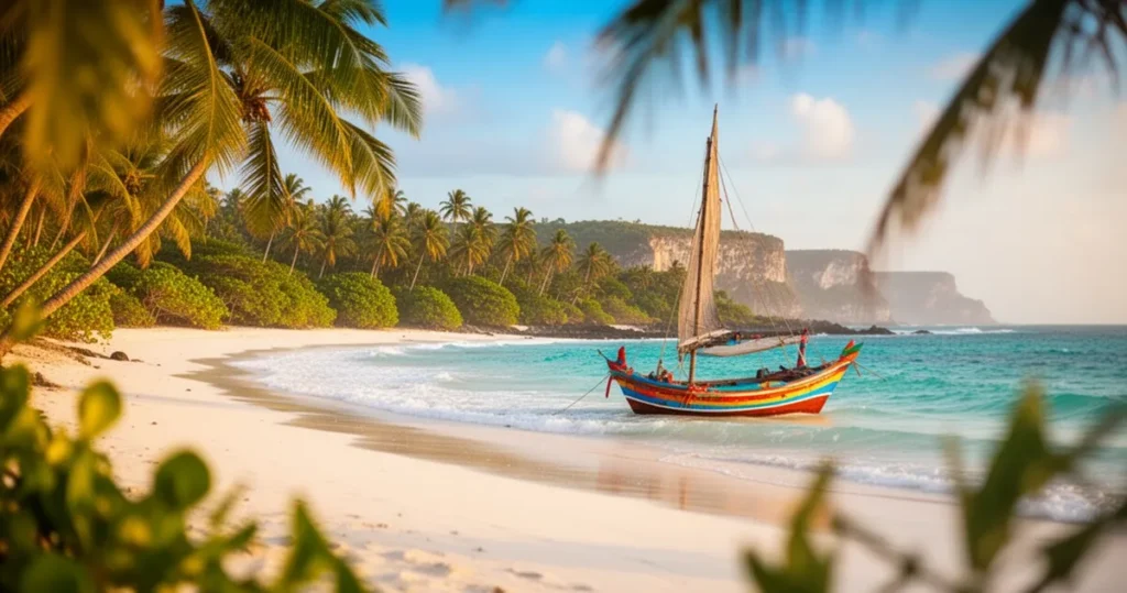 Białe piaszczyste plaże Zanzibaru z turkusowymi wodami, palmami i tradycyjną łodzią dhow w płytkiej wodzie.