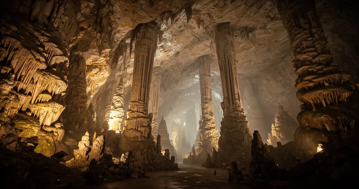 Ogromna jaskinia podziemna z dramatycznymi stalaktytami i stalagmitami, oświetlona złotym światłem, z mglistą atmosferą i głę
