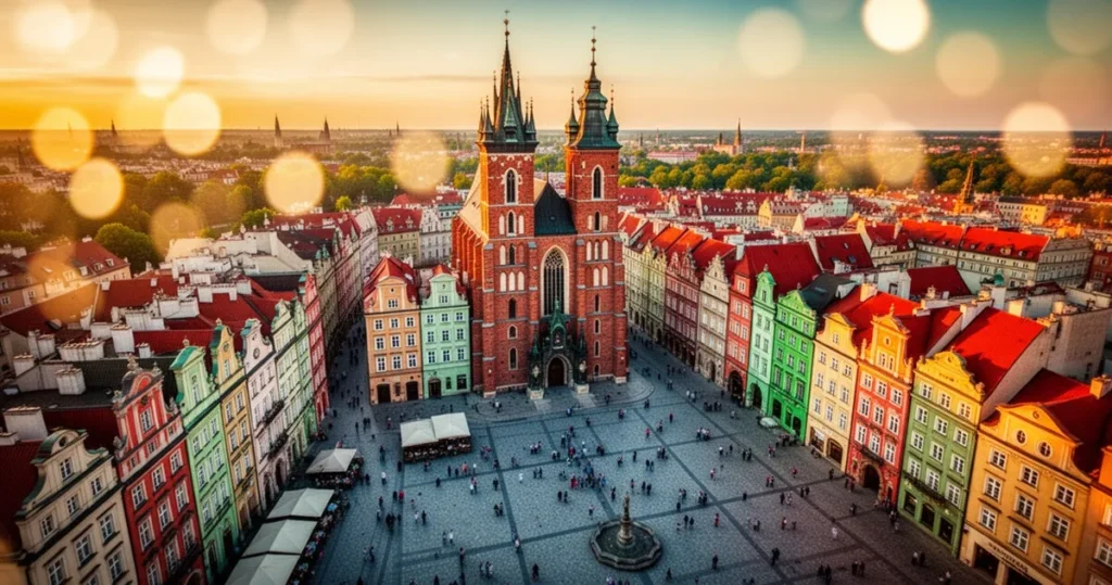 Rynek Główny w Krakowie z Bazyliką Mariacką i historycznymi kamienicami w świetle zachodzącego słońca.