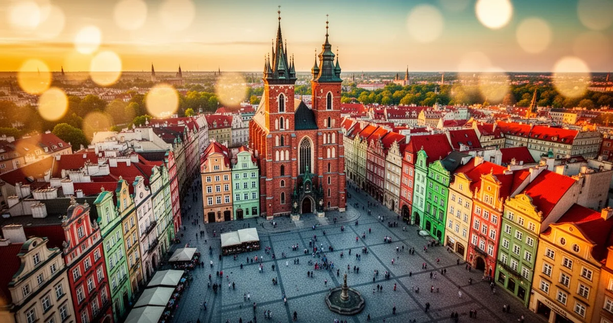 Rynek Główny w Krakowie z Bazyliką Mariacką i historycznymi kamienicami w świetle zachodzącego słońca.