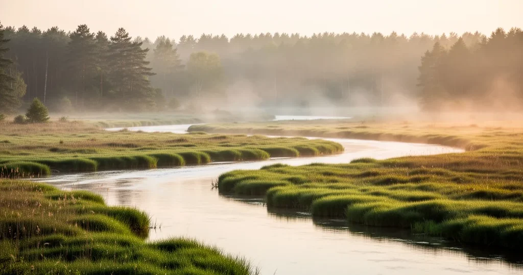 Meandrująca rzeka wśród bujnych mokradeł i lasów Parku Narodowego Doliny Dolnej Odry w świetle zachodzącego słońca.