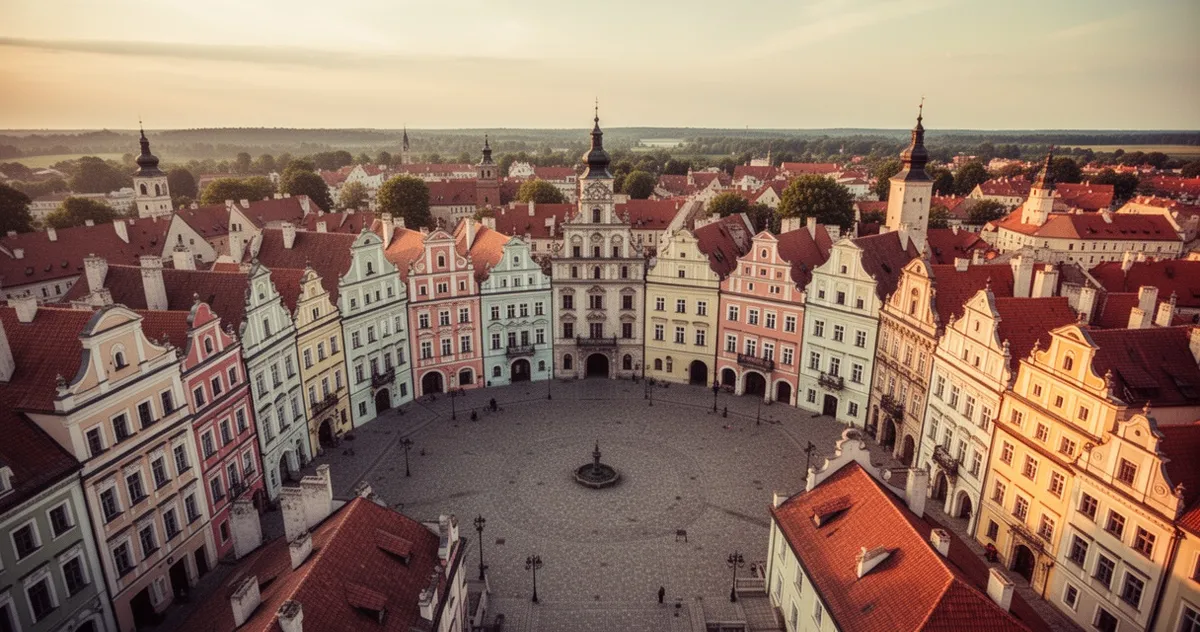 Widok z lotu ptaka na kolorowe kamienice i renesansowy rynek Starego Miasta w Zamościu w świetle złotej godziny.