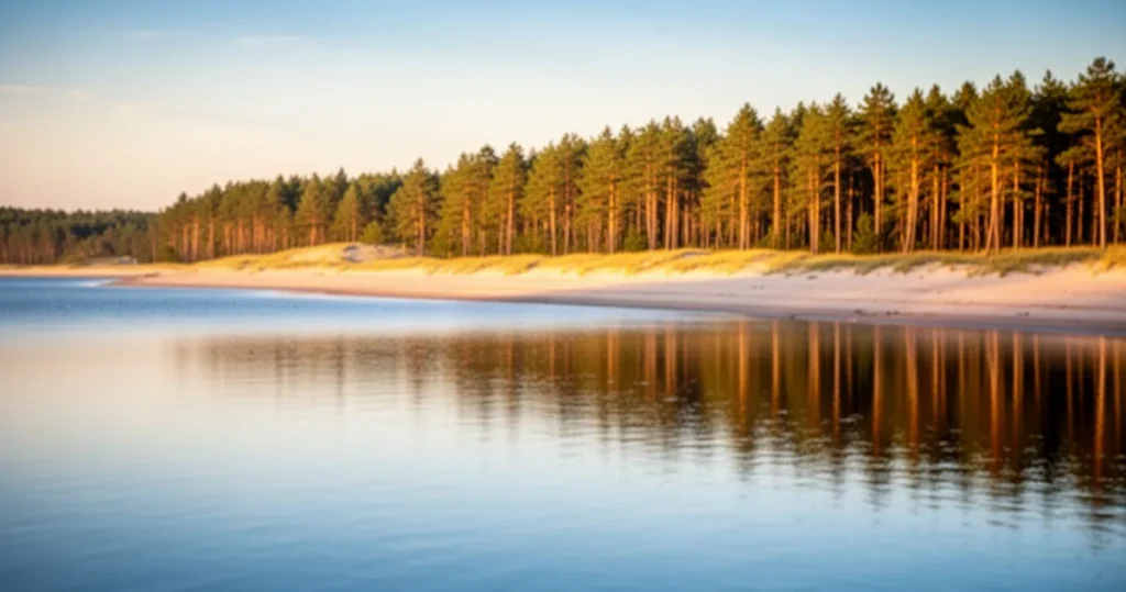 Spokojne jezioro na Wybrzeżu Słowińskim z piaszczystą plażą i sosnowym lasem w blasku zachodzącego słońca.