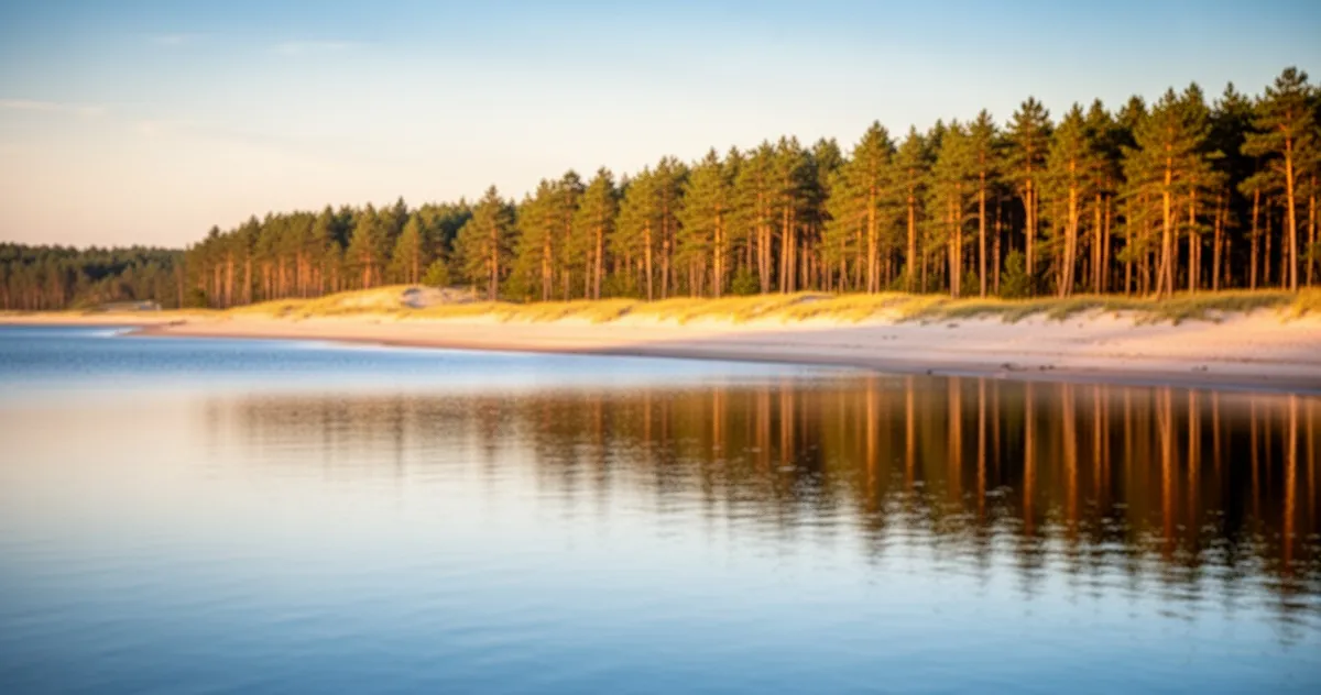 Spokojne jezioro na Wybrzeżu Słowińskim z piaszczystą plażą i sosnowym lasem w blasku zachodzącego słońca.
