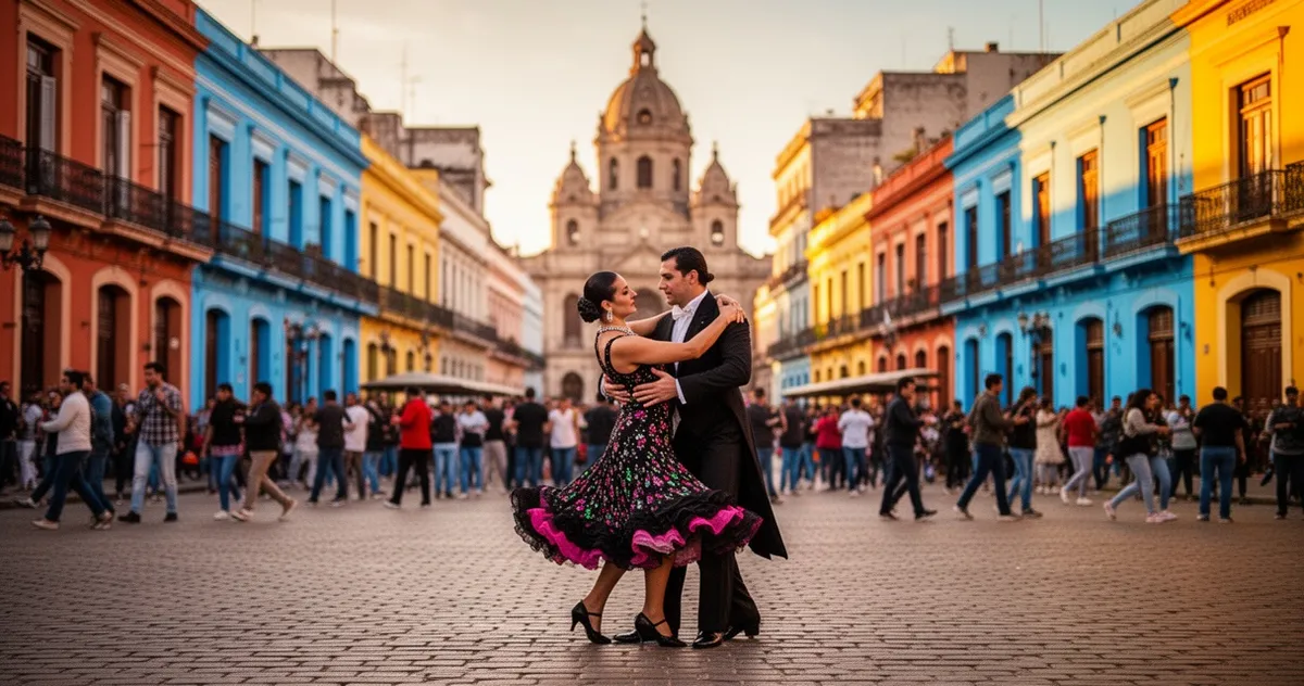 Tancerze tanga w strojach tradycyjnych na brukowanym placu w Buenos Aires na tle kolorowych kolonialnych kamienic.