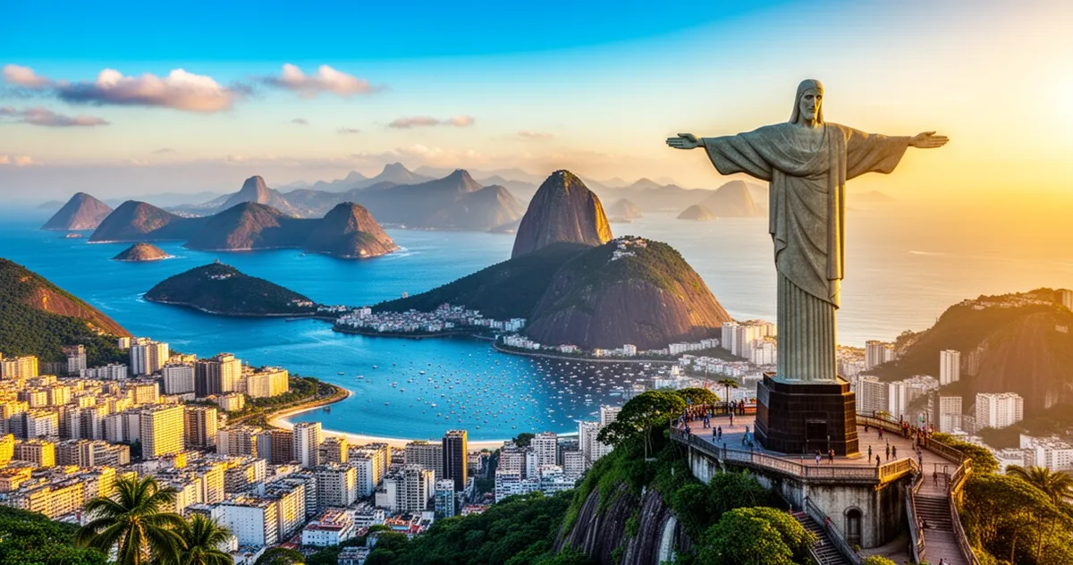 Panoramiczny widok na Rio de Janeiro z pomnikiem Chrystusa Odkupiciela, Górą Głowa Cukru w tle oraz błękitnym oceanem.