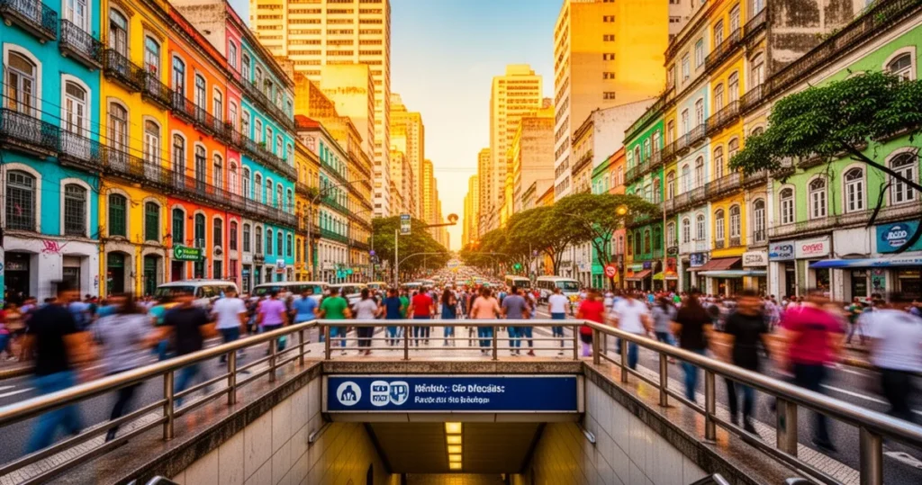 Tętniące życiem centrum São Paulo o zachodzie słońca z wejściem do metra, kolorowymi budynkami i tłumem przechodniów.