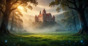 Historyczny polski zamek na mglistym wzgórzu otoczony magicznym lasem w promieniach zachodzącego słońca i zieloną łąką.
