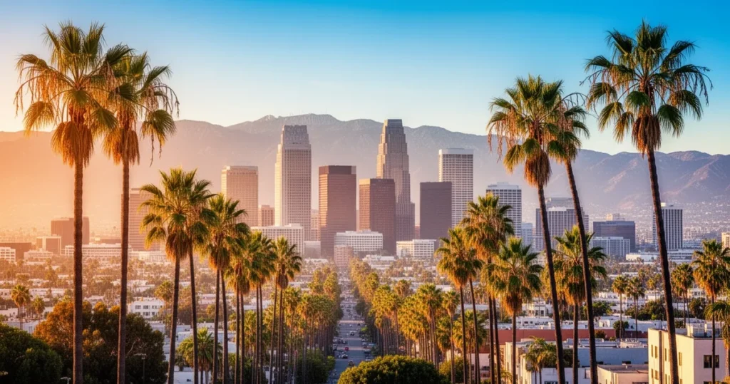 Panorama centrum Los Angeles w świetle słonecznym z palmami na pierwszym planie i górami w tle.