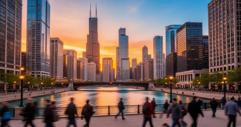 Panorama Chicago o zachodzie słońca z wieżowcami, Willis Tower i rzeką odbijającą ciepłe światło w centrum miasta.