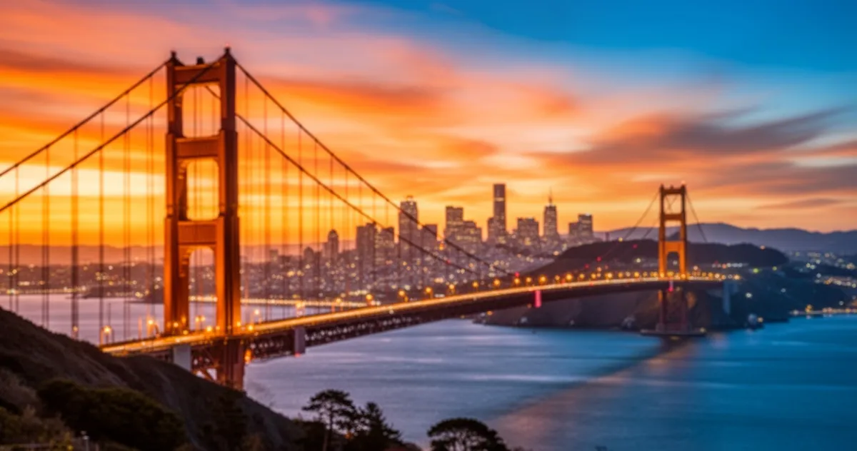 Most Golden Gate na tle panoramy San Francisco o zachodzie słońca z ciepłym, pomarańczowym oświetleniem.