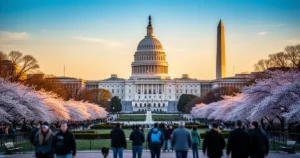 Widok na Kapitol i pomnik Waszyngtona o zachodzie słońca wśród kwitnących wiśni w parku National Mall.
