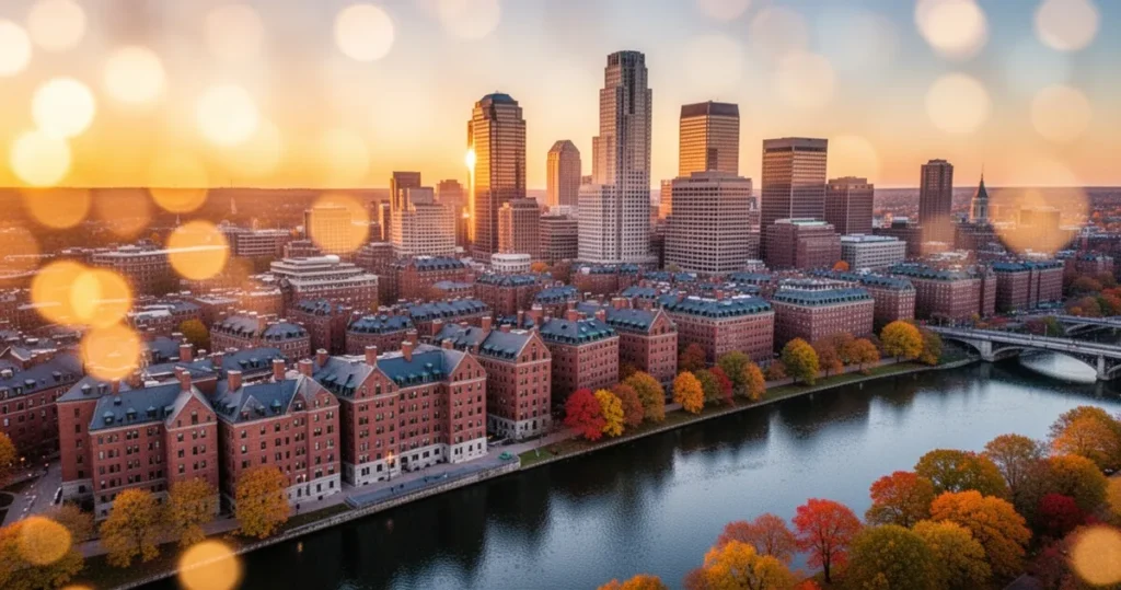Widok z lotu ptaka na panoramę Bostonu o zachodzie słońca: rzeka Charles, ceglane budynki i wieżowce w jesiennych barwach.