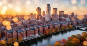 Widok z lotu ptaka na panoramę Bostonu o zachodzie słońca: rzeka Charles, ceglane budynki i wieżowce w jesiennych barwach.