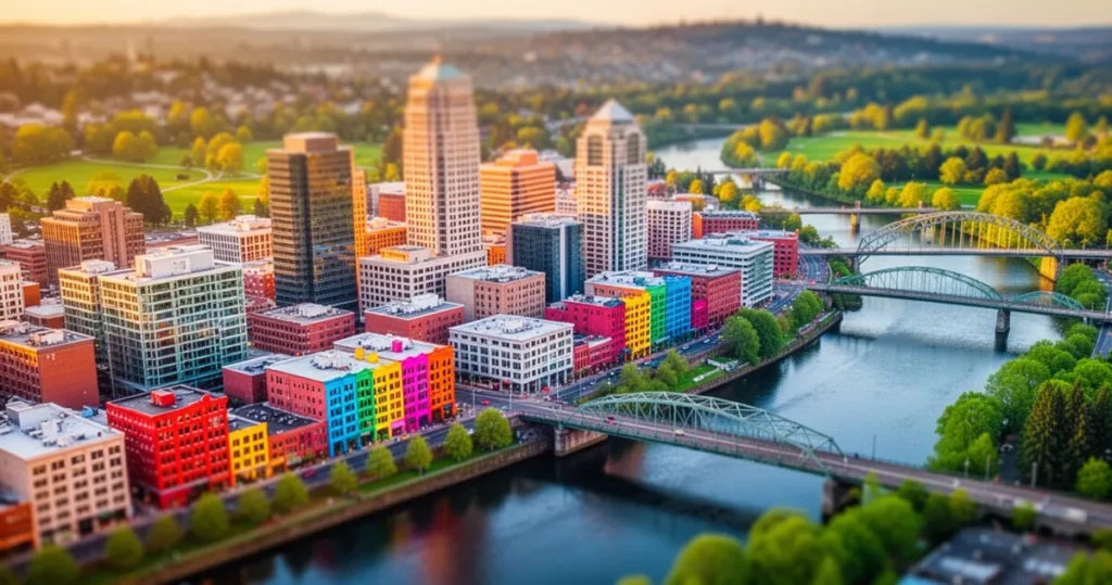 Widok z lotu ptaka na panoramę centrum Portland, mosty nad rzeką Willamette i zielone parki w promieniach zachodzącego słońca