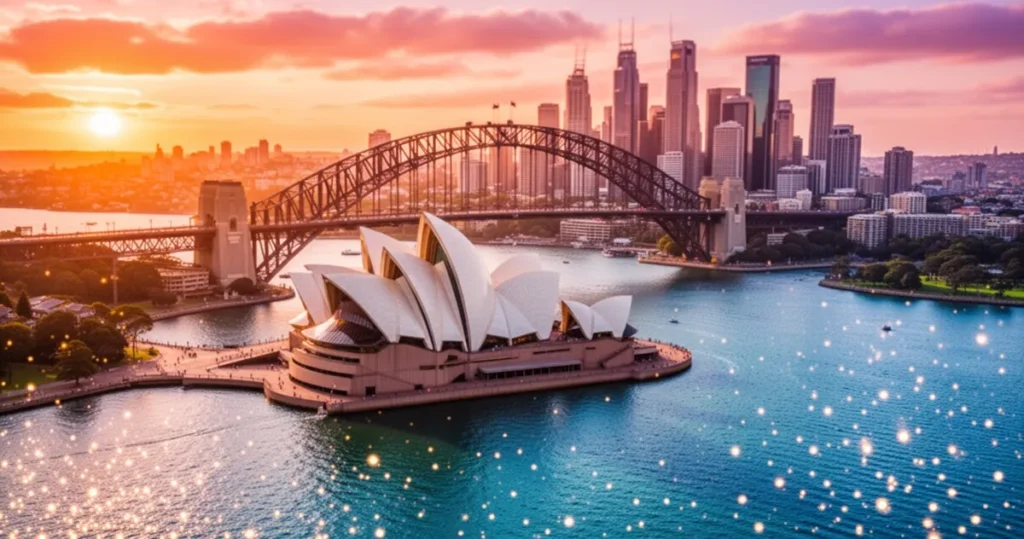 Opera w Sydney i most Harbour Bridge o zachodzie słońca z widokiem na mieniącą się wodę oraz panoramę miasta.