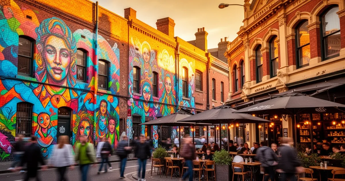Kolorowe murale i wiktoriańskie kamienice w tętniącej życiem uliczce Melbourne z kawiarniami w promieniach zachodzącego słońc