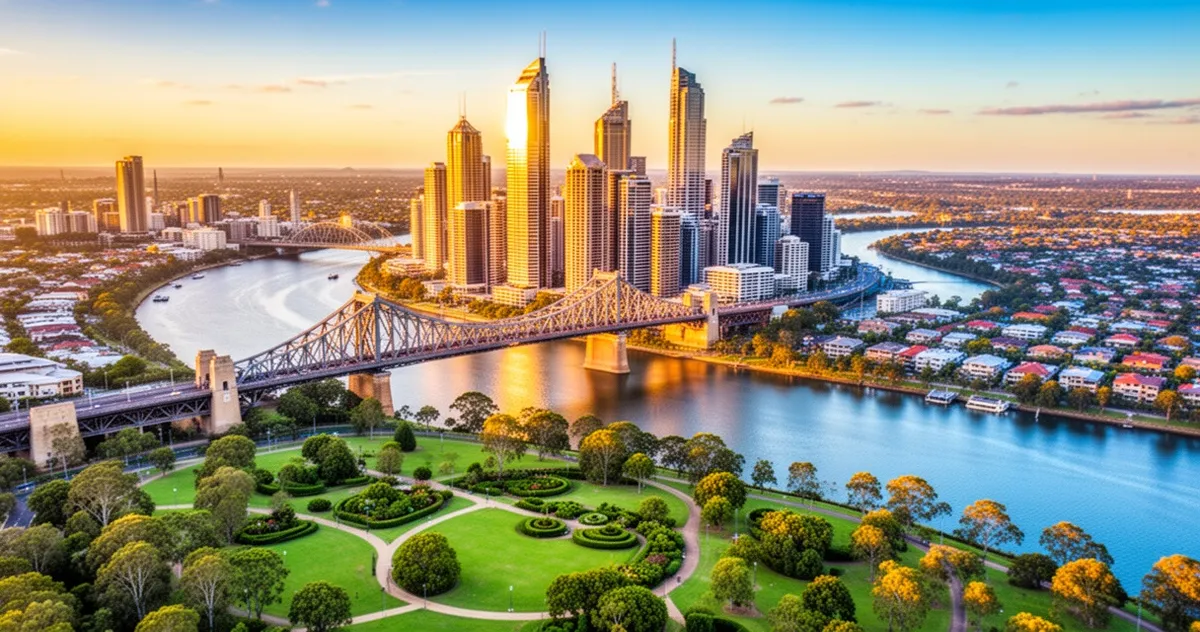 Widok z lotu ptaka na panoramę Brisbane: most Story Bridge, wijąca się rzeka, nowoczesne wieżowce i zielone parki.