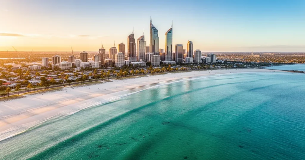Widok z lotu ptaka na piaszczyste plaże Perth z turkusową wodą oraz panoramę nowoczesnego miasta w świetle zachodu słońca.