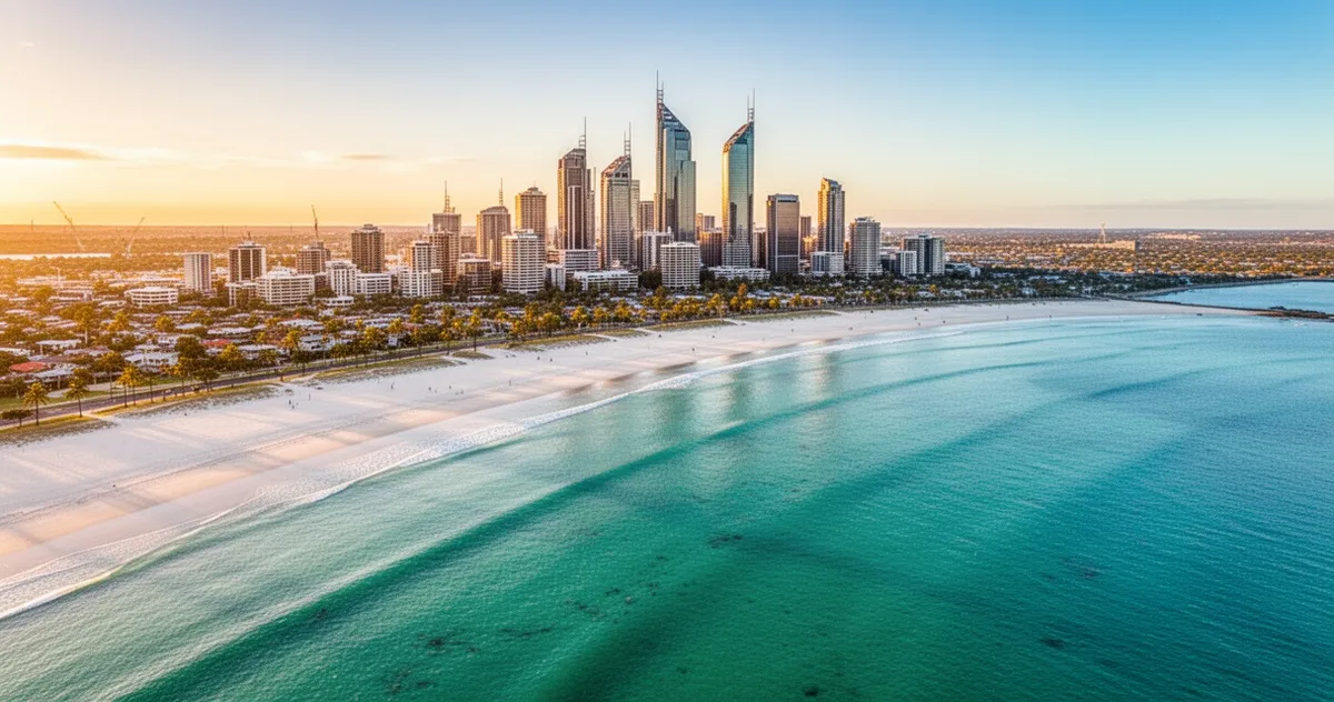 Widok z lotu ptaka na piaszczyste plaże Perth z turkusową wodą oraz panoramę nowoczesnego miasta w świetle zachodu słońca.
