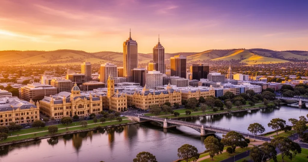 Widok z lotu ptaka na panoramę Adelaide o zachodzie słońca, z rzeką Torrens i wzgórzami w tle.