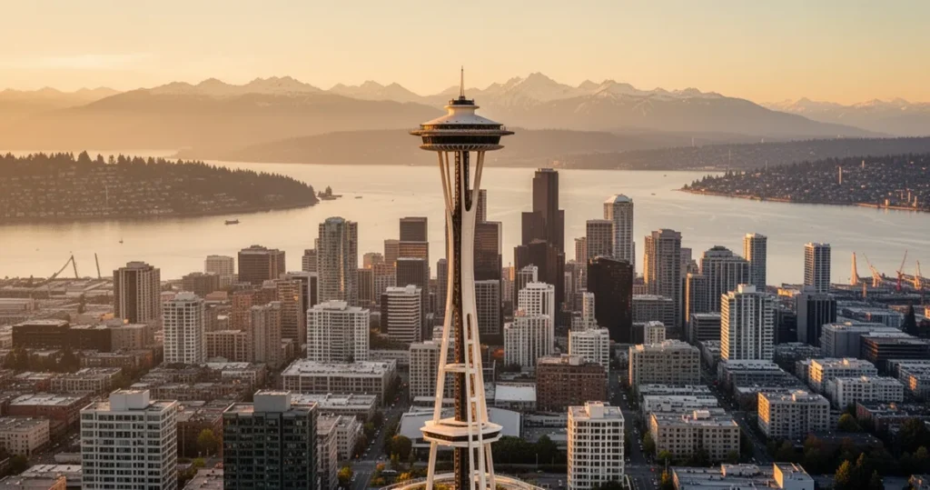 Widok z lotu ptaka na panoramę Seattle ze Space Needle na pierwszym planie, zatoką Puget Sound i górami w tle o zachodzie.