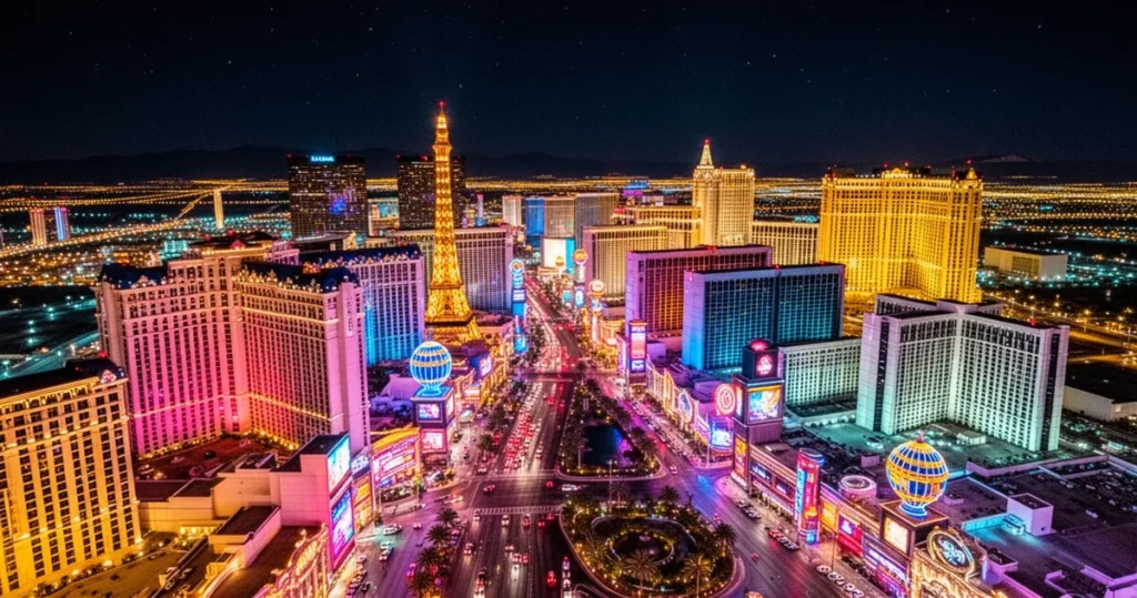 Nocny widok z lotu ptaka na oświetlony Las Vegas Strip z neonami kasyn i hoteli na tle rozgwieżdżonego nieba.
