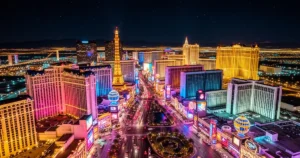 Nocny widok z lotu ptaka na oświetlony Las Vegas Strip z neonami kasyn i hoteli na tle rozgwieżdżonego nieba.