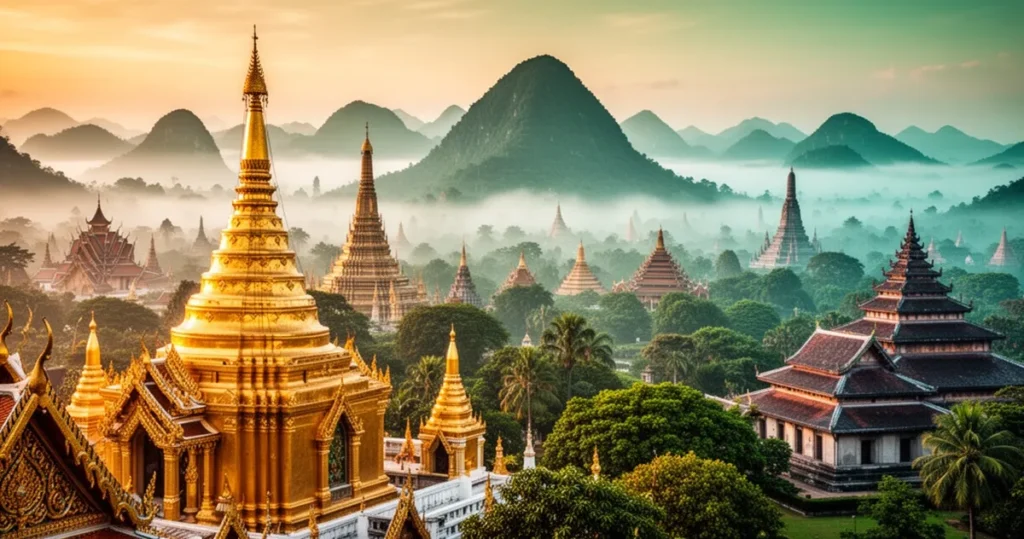 Panoramiczny widok na azjatyckie zabytki: złota pagoda, starożytna architektura i zamglone góry w ciepłych barwach.