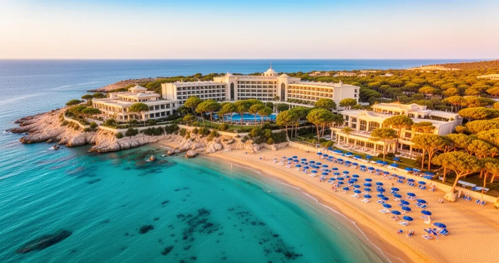 Luksusowy kurort z hotelami pośród sosen przy turkusowym wybrzeżu Morza Śródziemnego i piaszczystej plaży w słońcu.