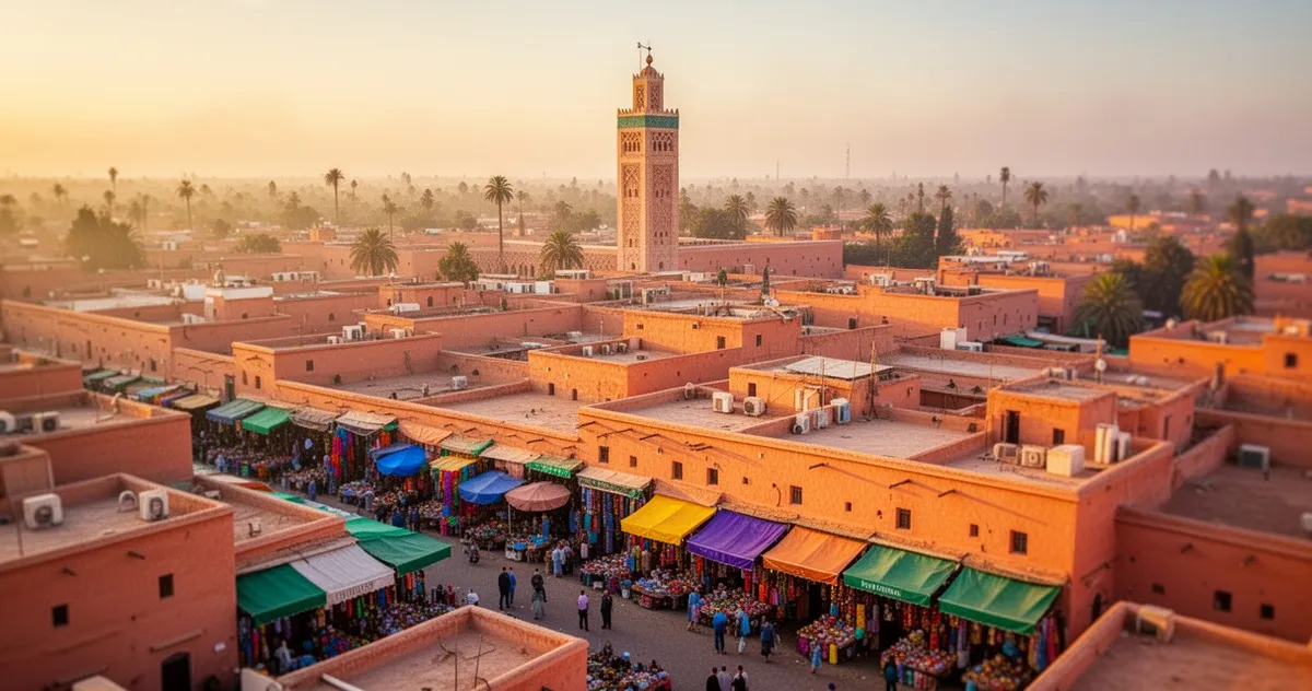 Widok z lotu ptaka na kolorowe bazary i terakotowe budynki medyny w Marrakeszu z meczetem Kutubijja w tle.