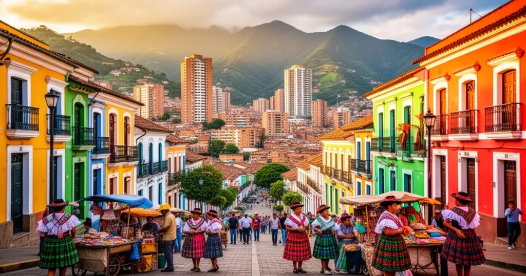 Widok na Medellín z kolonialną i nowoczesną zabudową, ludźmi na ulicy oraz górami w tle w świetle złotej godziny.