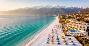 Piaszczysta plaża w Albanii z turkusową wodą, kolorowymi parasolami i luksusowym kurortem na tle ośnieżonych gór.