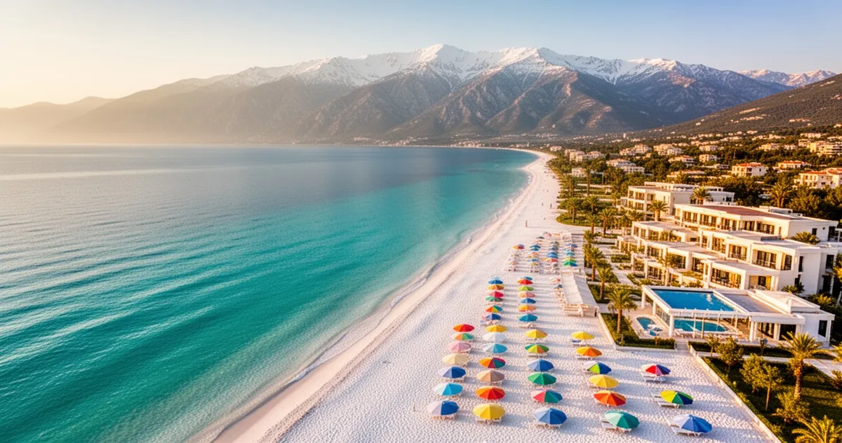 Piaszczysta plaża w Albanii z turkusową wodą, kolorowymi parasolami i luksusowym kurortem na tle ośnieżonych gór.