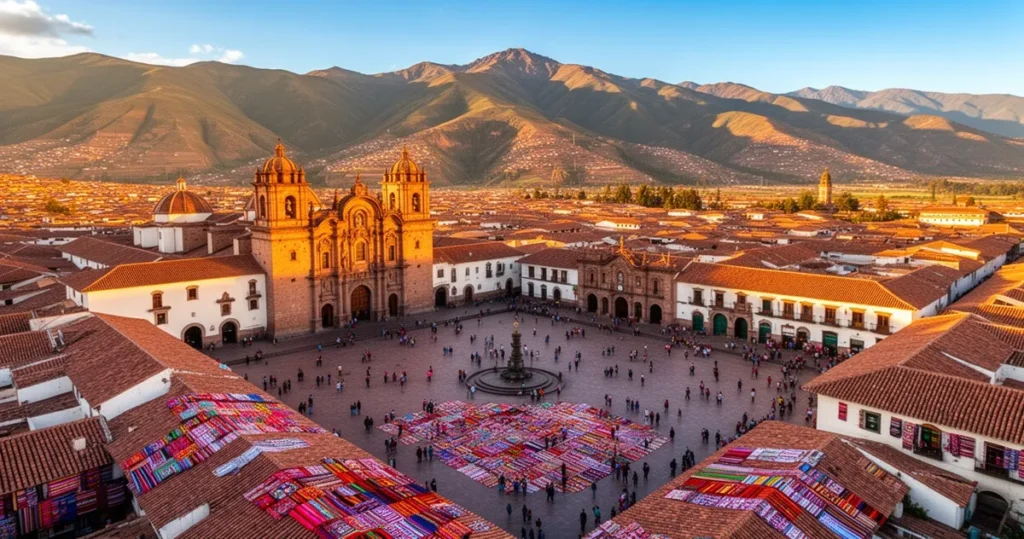Zabytkowy rynek Plaza de Armas w Cusco z kolonialną architekturą i andyjskimi szczytami w promieniach zachodzącego słońca.