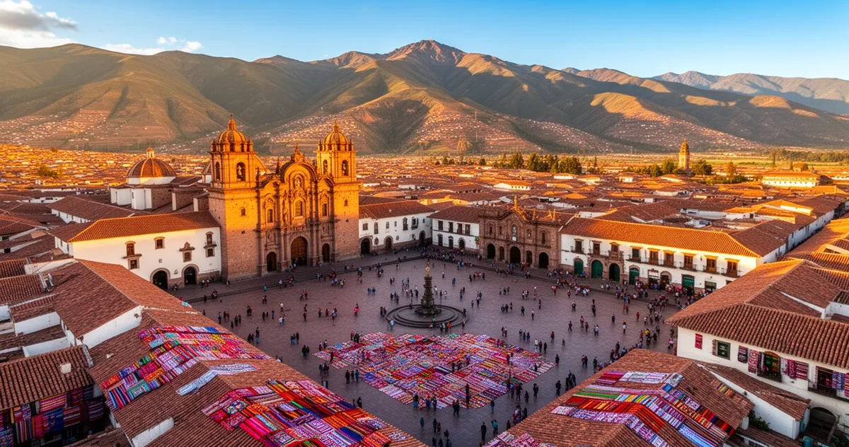 Zabytkowy rynek Plaza de Armas w Cusco z kolonialną architekturą i andyjskimi szczytami w promieniach zachodzącego słońca.
