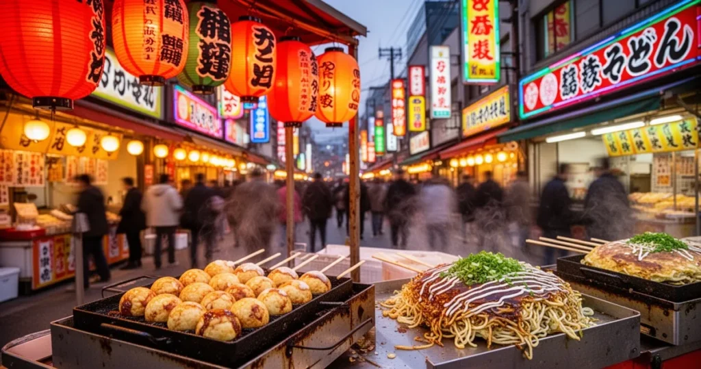 Wieczorna ulica w Osace z kolorowymi neonami, lampionami i stoiskami z takoyaki oraz okonomiyaki w tłumie ludzi.