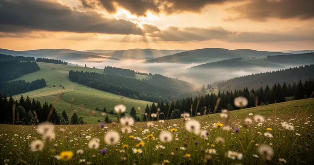 Panoramiczny widok na zielone wzgórza Bieszczadów o zachodzie słońca z polnymi kwiatami na pierwszym planie.