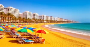 Piaszczysta plaża w Agadirze z kolorowymi parasolami, leżakami, palmami i nowoczesnymi hotelami w tle pod bezchmurnym niebem.