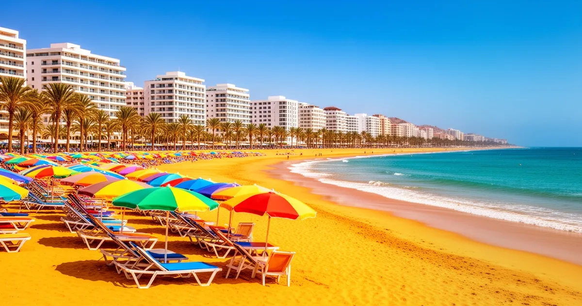 Piaszczysta plaża w Agadirze z kolorowymi parasolami, leżakami, palmami i nowoczesnymi hotelami w tle pod bezchmurnym niebem.