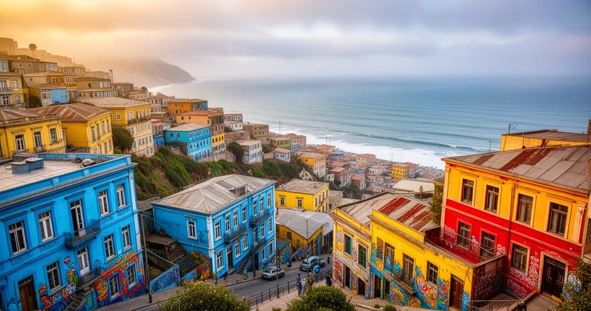 Kolorowe, zabytkowe kamienice na wzgórzach Valparaíso opadające ku Oceanowi Spokojnemu w świetle złotej godziny.